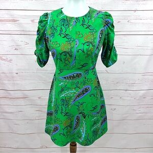 Zara TRF Kelly Green Paisley Ruched Puff Sleeve A-line Mini Dress